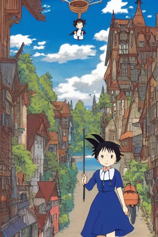 Image similar to Kiki's Delivery Service,A girl on a broomstick flying over the city sky at afternoon ,Medieval Cities ,Eye-catching blue accents,by studio ghibli
