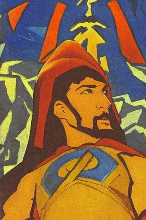 Image similar to thor, marvel, artwork by nicholas roerich,