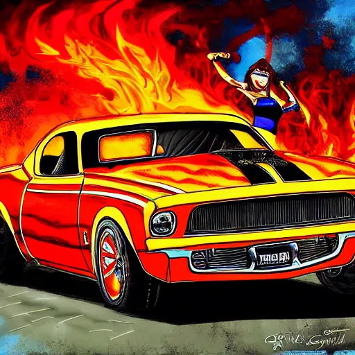 Image similar to a biker chick riding a hotrod muscle car down a street made of fire, digital painting masterpiece, by ed roth and denys cowan and rockin jellybean