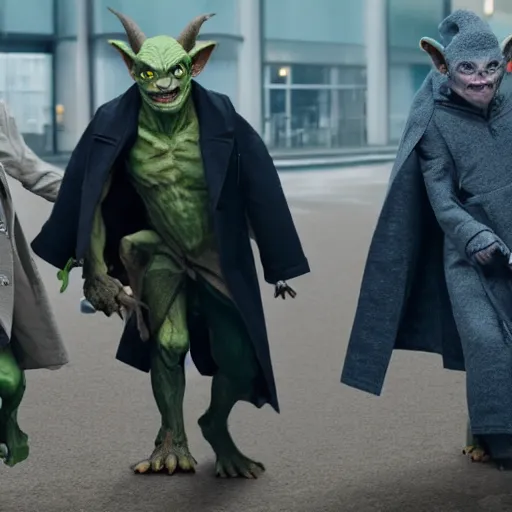 Image similar to three goblins in a trenchcoat sneaking into a movie