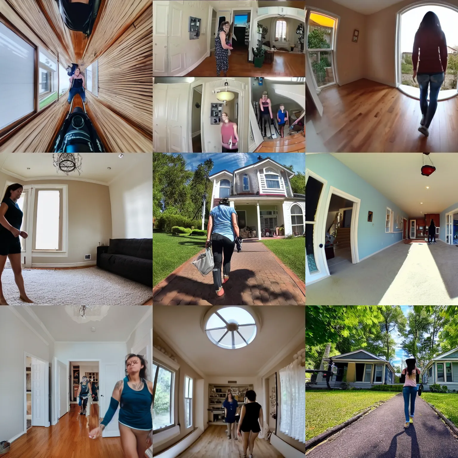 Prompt: gopro pov of a woman walking in her house