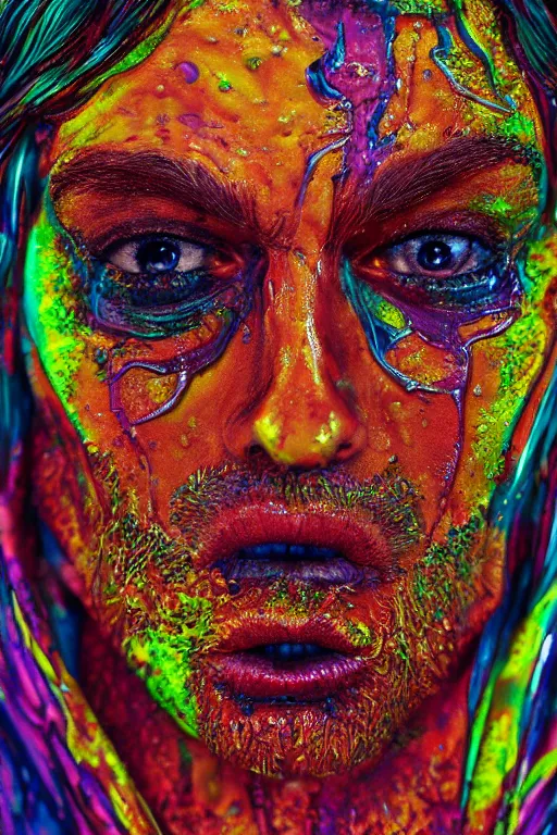 Prompt: psychedelic melting wax face, close up shot, diffuse lighting, intricate, elegant, highly detailed portrait, lifelike, photorealistic, digital painting, smooth, sharp focus