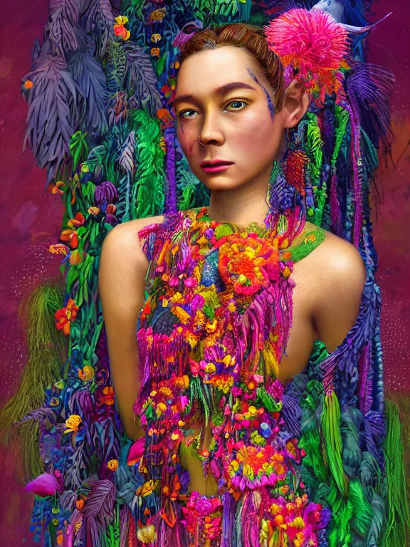 Prompt: beautiful portrait of a Subtropics minority colorful pigtail female wearing fantastic Hand-dyed cotton dress, embellished beaded and decorative fringe knots ,around subtropical plants and flowers and birds,intricate, elegant, highly detailed, dim volumetric lighting, 8k,octane,post-processing,digital painting, trending on artstation, concept art, smooth, sharp focus, illustration,by Tom Bagshaw and Daniel Gerhartz and Albert Aublet and Lawrence Alma-Tadema and alphonse mucha