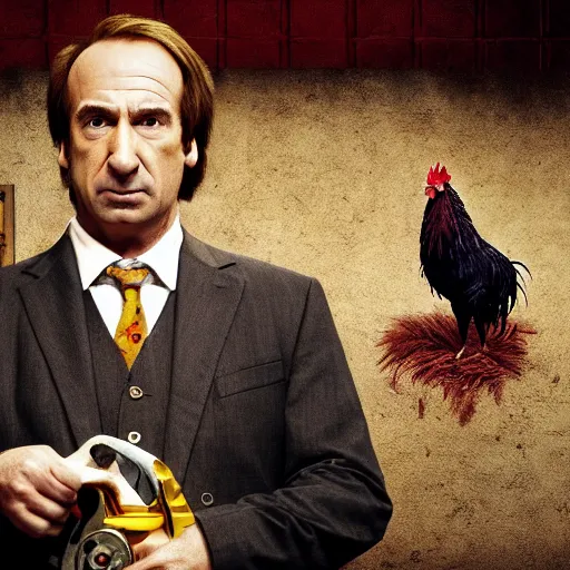 Image similar to saul goodman and a rooster in a saw movie torture chamber, saw movie jigsaw background, saul goodman, rooster, photo