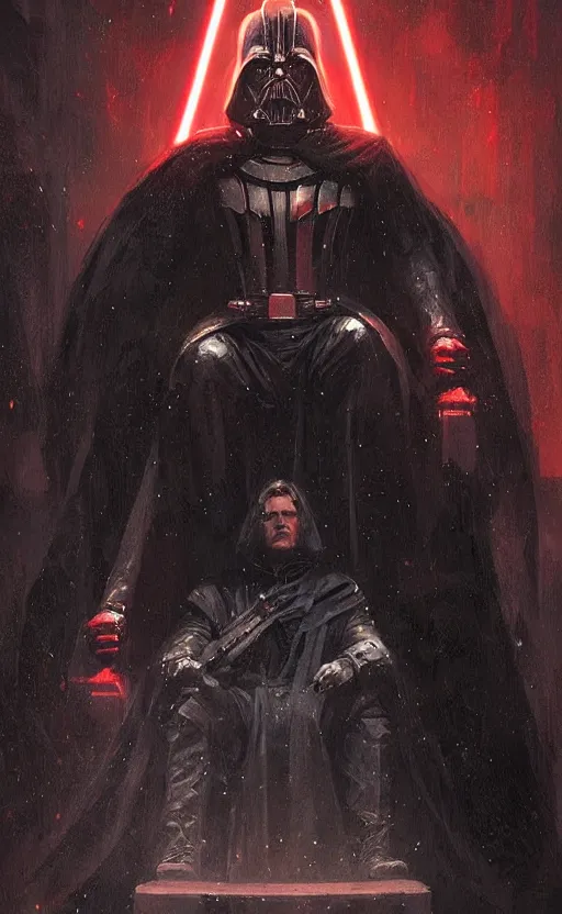 Prompt: « beautiful comic style portrait of sith lord on the throne by greg rutkowski, very detailed »