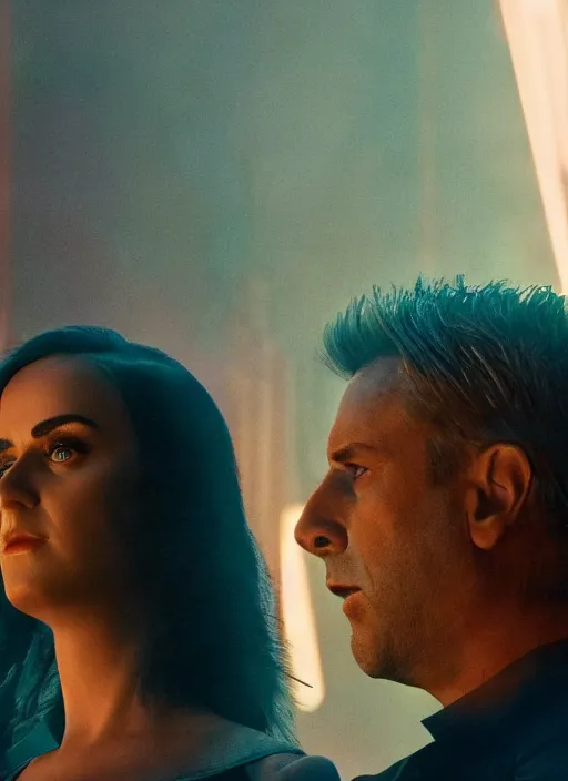 Image similar to a pov shot, color cinema film still of saul goodman & katy perry in blade runner 2 0 4 9, cinematic lighting at night.