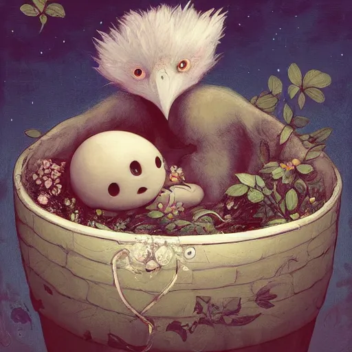 Image similar to soulful long shot of a very cute monster chick nesting in a very romantique floral cup, by esao andrews, by james jean, very humorous illustration, big depth of field, perspectice perception, volumetric light, warm cosy colors, night scenery, low light, unreal engine 5, 8 k, conceptart, hyperdetailed, hyperrealistic, trending on artstation