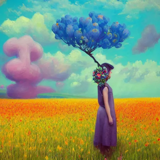 Image similar to girl with a huge flower as a face, surreal photography, dream, standing in flower field, hills, big trees, sunrise dramatic light, impressionist painting, colorful clouds, digital painting, pointillism, artstation, simon stalenhag, flower face