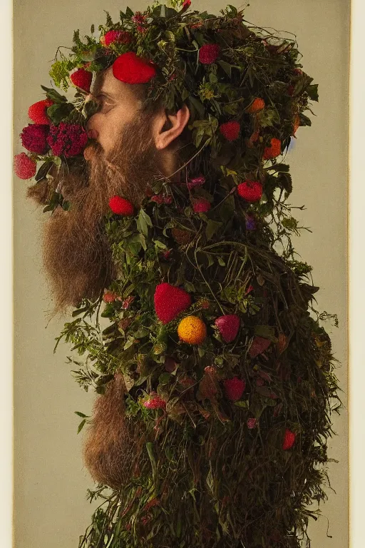 Prompt: a man's face in profile, long beard, made of flowers and fruit and nesting birds, in the style of the Dutch masters and Gregory crewdson, dark and moody