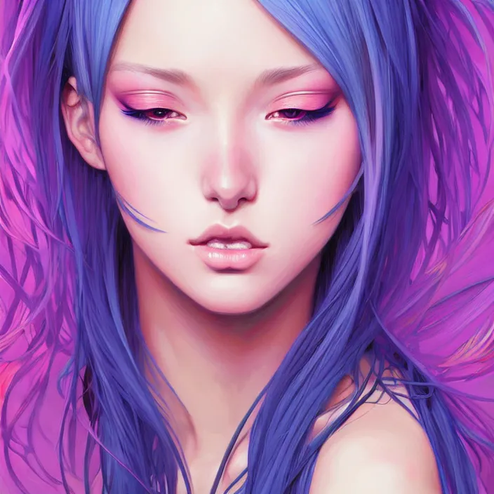 Image similar to portrait of beautiful symmetrical anime girl, rainbow hair, attractive, casual, modern, victoria's secret, highly detailed, digital painting, artstation, concept art, smooth, sharp focus, illustration, art by moebius, artgerm, greg rutkowski and alphonse mucha, 8 k,