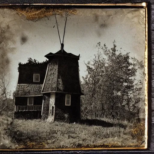 Prompt: tintype photo of a witches house