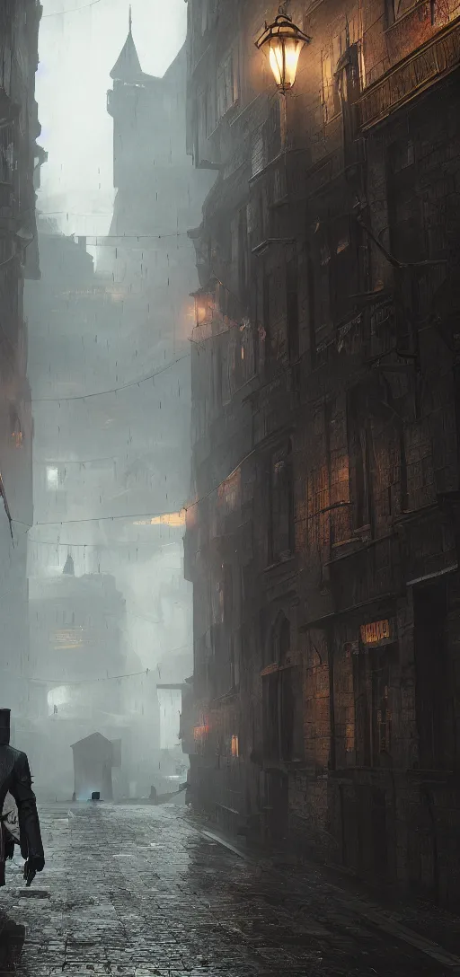 Image similar to daud from dishonored roaming dunwall streets, dunwall city, redshift render, cinematic lighting, rainy weather, melancholy atmosphere, dunwall city, volumetric light, octane render, dishonored game, dishonored 1, gothic architecture, realistic reflections, octane render 8 k
