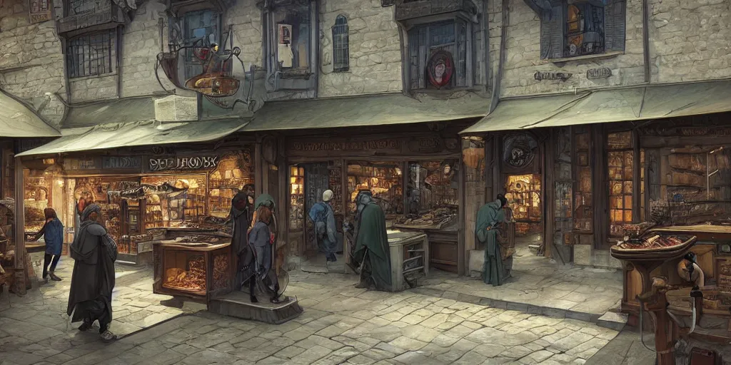 Image similar to empty medieval port town town square shops bakery rug shop barbershop pokemon sword and sheild, bright future, social realism, highly detailed, digital painting, artstation, concept art, matte, sharp focus, illustration, art by artgerm and greg rutkowski and alphonse mucha