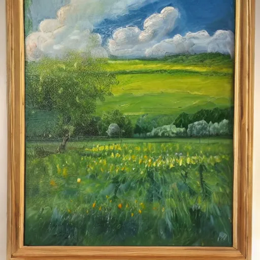 Prompt: oil paint impasto relief of sussex summer field, raining, oak tree painted with thick heavy expressive paint and cumulus clouds, less thick expressive paint