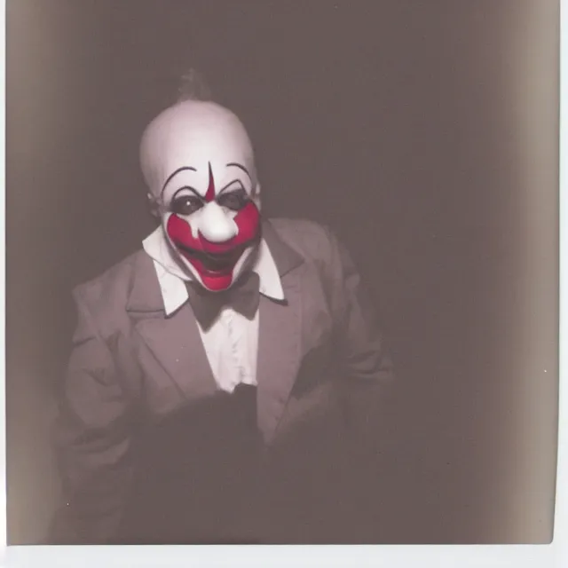 Prompt: a found polaroid photograph of a frightening clown, night