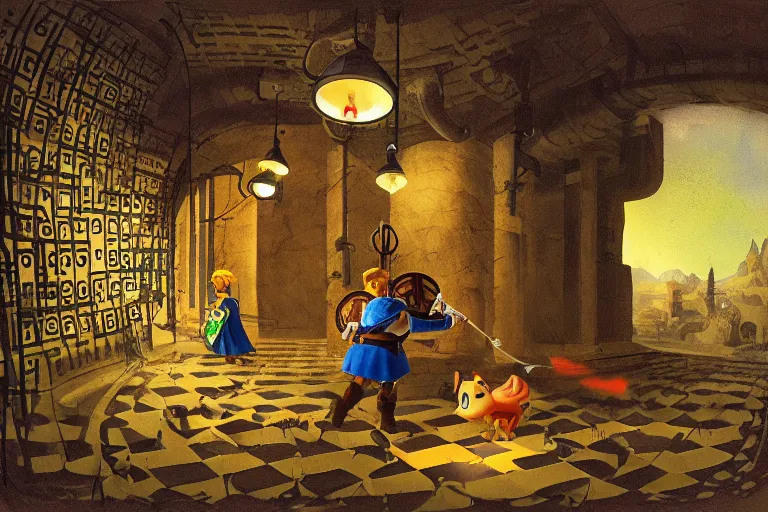 Prompt: illustration of zelda and link exploring a underground mechanical labyrinth, pipes, string lights, by Vermeer, fisheye lens