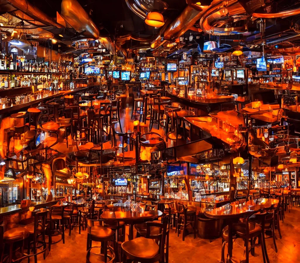 Image similar to a full shot of an entire bar restaurant with orange lighting, nighttime