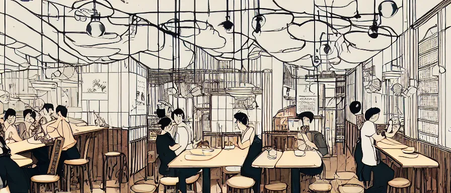 Image similar to a beautiful interior view illustration of a small roasted string hotpot restaurant in yan'an city, restaurant wall paper is tower amd mountain, rectangle white porcelain table, people are eating, black chair, animation illustrative style, from china, simple style structure decoration design, victo ngai, james jean, 4 k hd