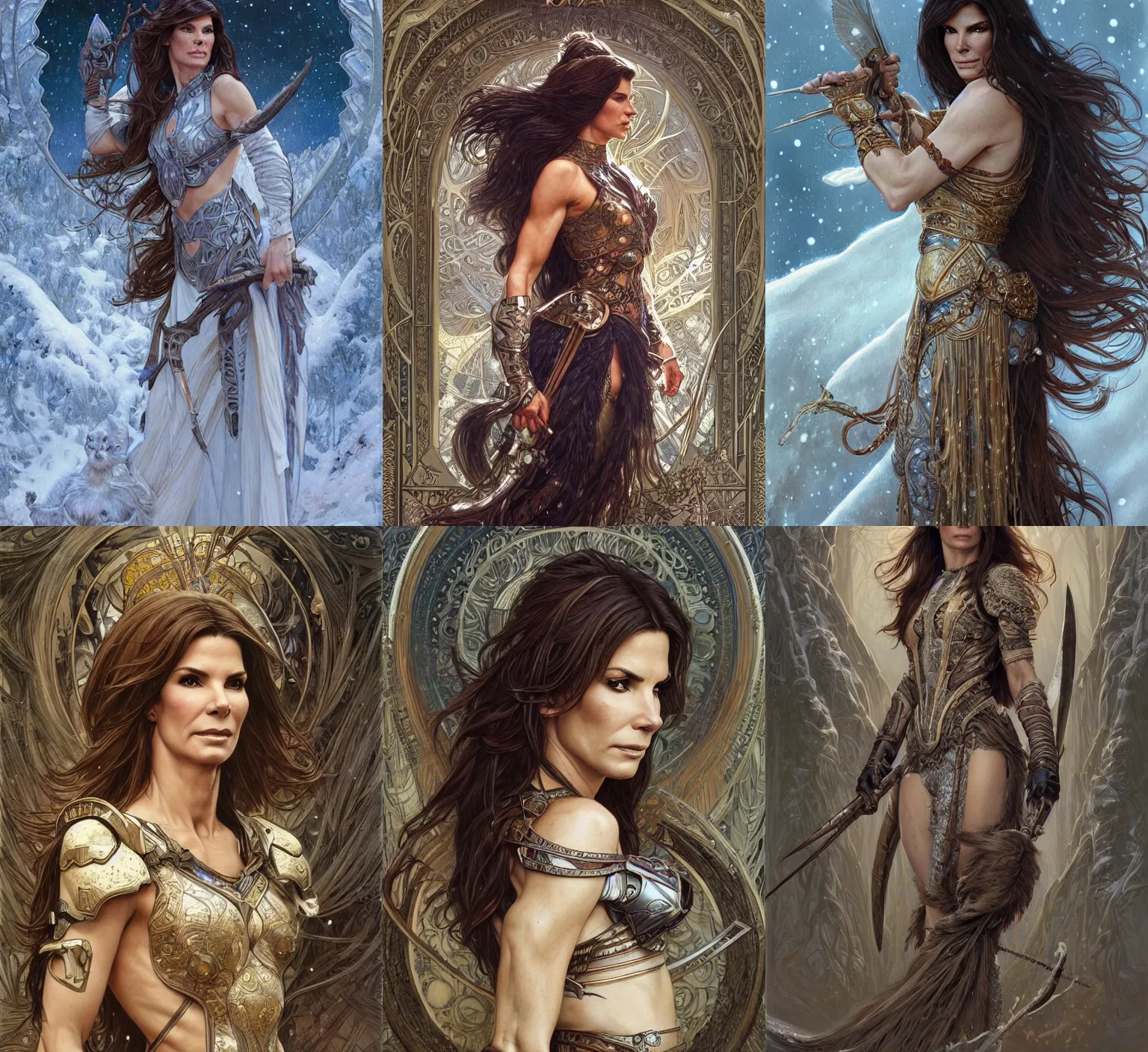 Prompt: Sandra Bullock as a beautiful warrior woma, snowy winter, , fantasy, intricate, elegant, highly detailed, centered, digital painting, artstation, concept art, smooth, sharp focus, illustration, art by artgerm and donato giancola and alphonse mucha