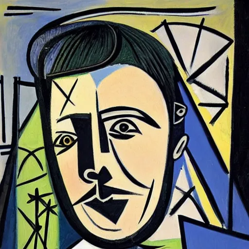 Prompt: picasso painting of elon musk as a bus driver