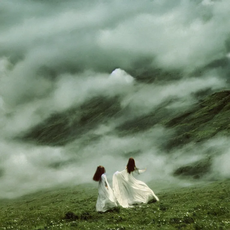 Prompt: moody 1 9 7 0's artistic technicolor spaghetti western film, a large huge group of women in a giant billowing wide long flowing waving shining bright white dresses made of white smoke, standing inside a green mossy irish rocky scenic landscape, volumetric lighting, backlit, moody, atmospheric, fog, extremely windy, soft focus