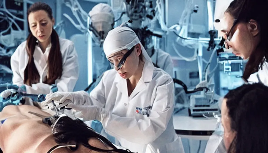 Image similar to big budget horror movie about cyborgs performing illegal organ transplants, while one beautiful female scientist watches in horror from the side