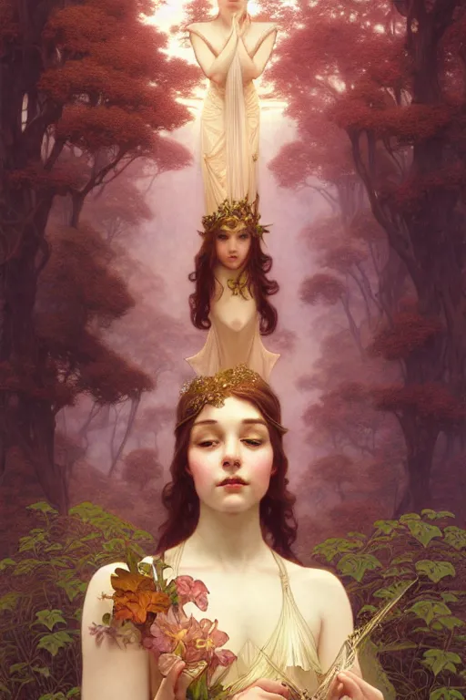 Image similar to portrait of a transcendental young fairy princess, d & d, fantasy, intricate, elegant, highly detailed, digital painting, artstation, concept art, smooth, sharp focus, illustration, art by artgerm and greg rutkowski, maxfield parrish and alphonse mucha, new art nouveau, tarot card