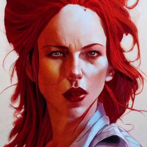 Image similar to a beautiful artwork portrait of a woman with white shirt and red hair smoking a cigarette by Jerome Opeña, featured on artstation