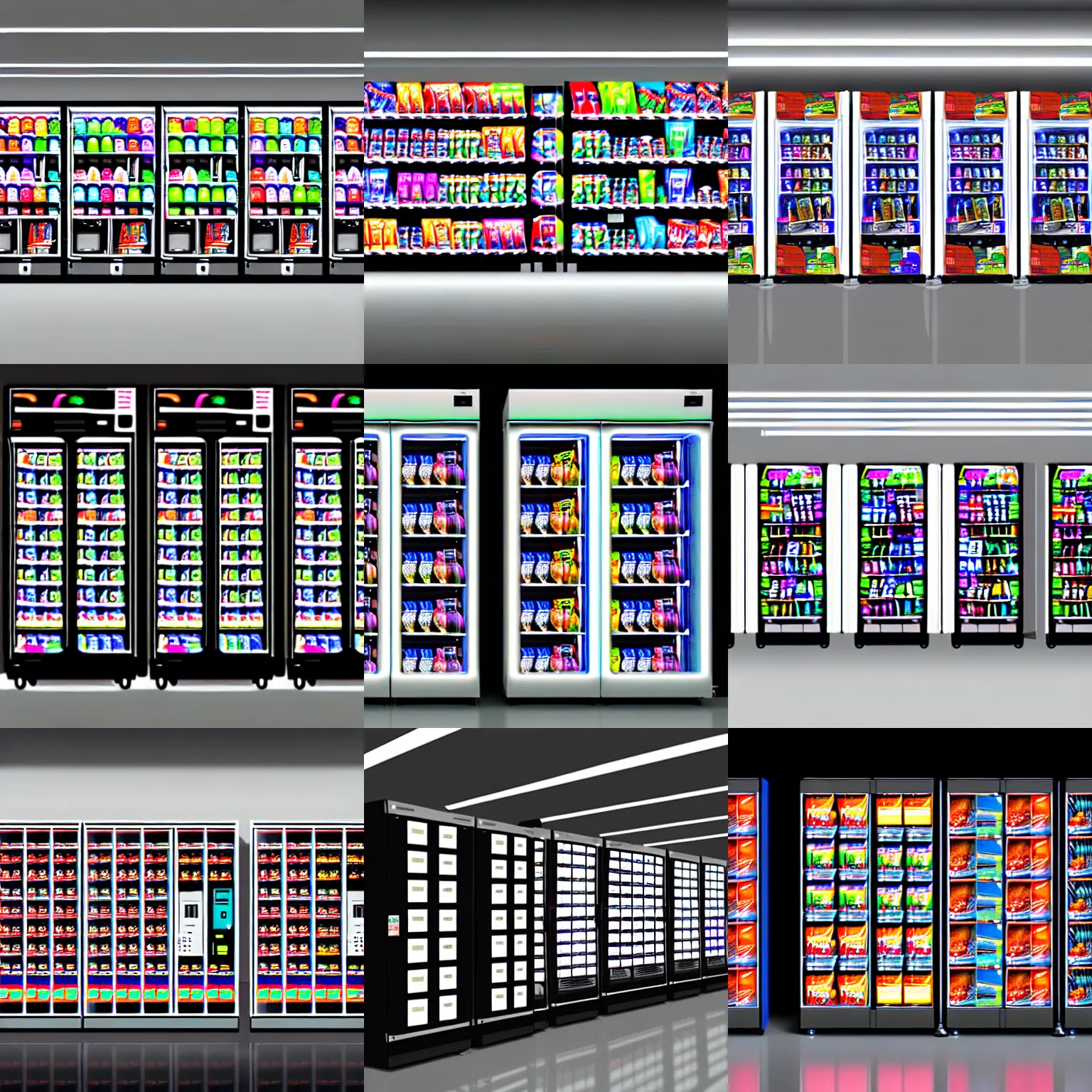 Prompt: liminal space with rows of vending machine, fluorescent light, photorealistic, detailed