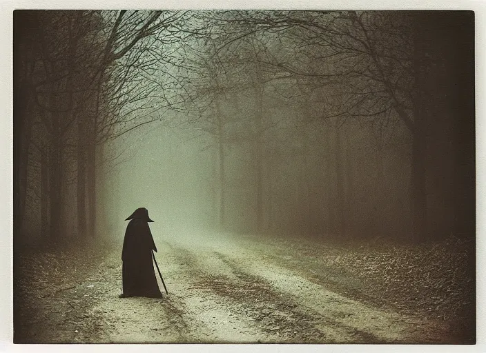 Prompt: medium shot, a plague doctor walks towards a house, woods, horror, night, polaroid photo, vintage, neutral colors, by gregory crewdson,