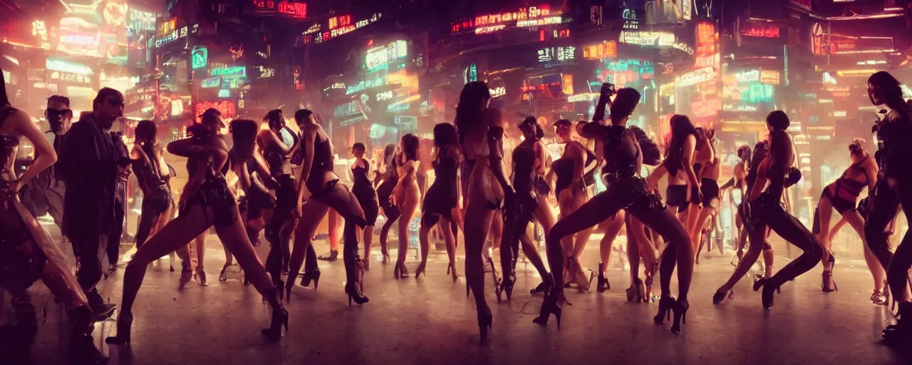 Prompt: gangster in cyberpunk night adult club, 3 5 mm, show. girls dancing, low angle, blade runner, akira, cinematic angle, cinematic lighting, reflections, action, fight