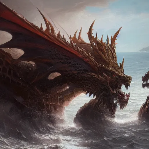 Image similar to A seven-headed dragon with ten horns coming out of the sea, well defined image , digital Art, Greg rutkowski, Trending artstation, cinematographic, hyperrealistic