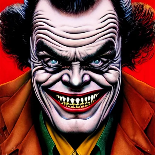 Prompt: portrait of crazy jack nicholson joker, symmetrical, by yoichi hatakenaka, masamune shirow, josan gonzales and dan mumford, ayami kojima, takato yamamoto, barclay shaw, karol bak, yukito kishiro