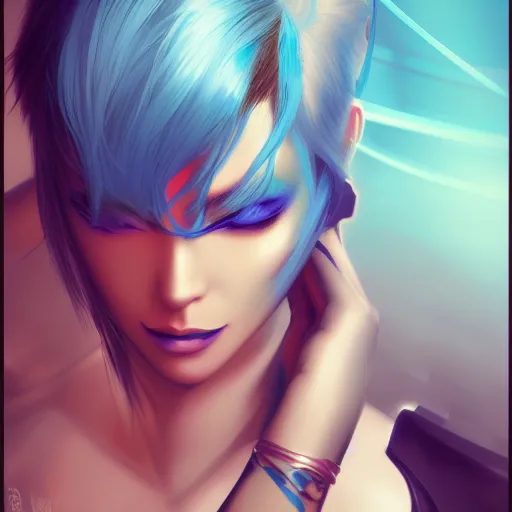 Prompt: a close up of a woman with blue hair, cyberpunk art by Artgerm, featured on cgsociety, fantasy art, deviantart, 2d game art, deviantart hd