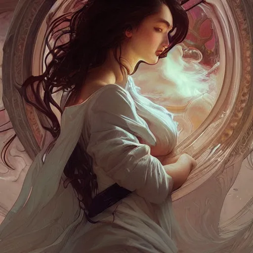 Image similar to woman submerged in whipped cream, highly detailed digital painting, artstation, concept art, smooth, sharp focus, illustration, art by artgerm and greg rutkowski and alphonse mucha