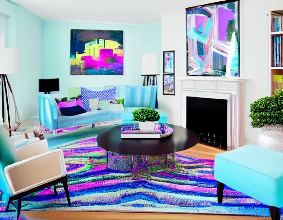 Image similar to apartment designed by nate berkus, vaporwave colors