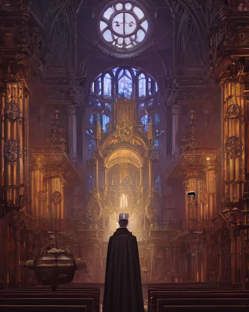 Image similar to highly detailed surreal vfx portrait of a steampunk priest in a steampunk cathedral, stephen bliss, unreal engine, greg rutkowski, loish, rhads, beeple, makoto shinkai and lois van baarle, ilya kuvshinov, rossdraws, tom bagshaw, alphonse mucha, global illumination, detailed and intricate environment