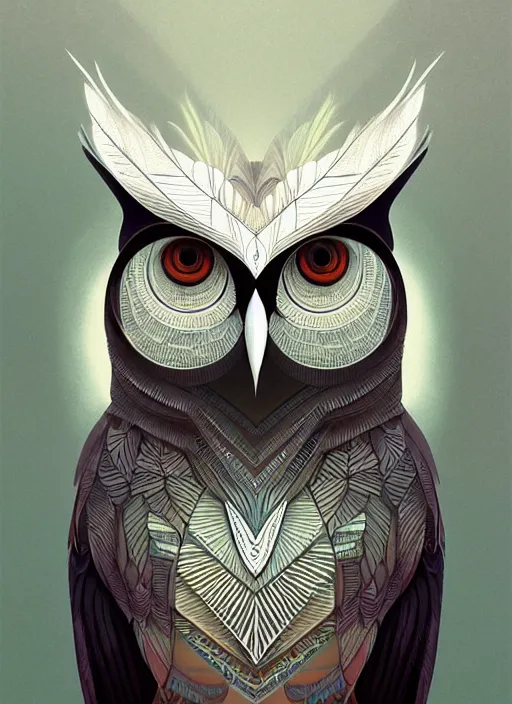 Image similar to portrait of a geometric owl, identical eyes, medium shot, illustration, full body made of white feathers, symmetrical, art stand, super detailed, cinematic lighting, and its detailed and intricate, gorgeous, by peter mohrbacher