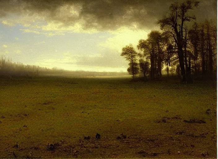 Image similar to a vast muddy field with many corpses buried underneath it, albert bierstadt, landscape, dark and scary