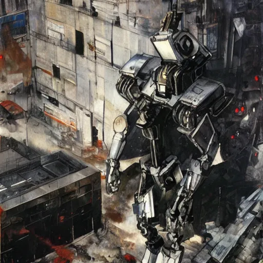 Prompt: a full-metal robot walks around the devastated downtown of Santiago of Chile, oil on canvas by Yoji Shinkawa and Dave McKean