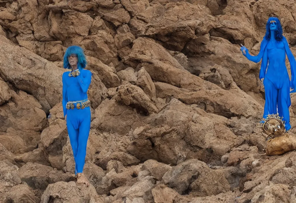 Image similar to mick jagger dressed in blue costume with many jewels in a dry rocky desert landscape, ultradetailed alien city and alien spaceship in the style of giger, filmed by christopher doyle and alejandro jodorowsky, anamorphic lens, kodakchrome, cinematic composition, masterpiece, 8 k