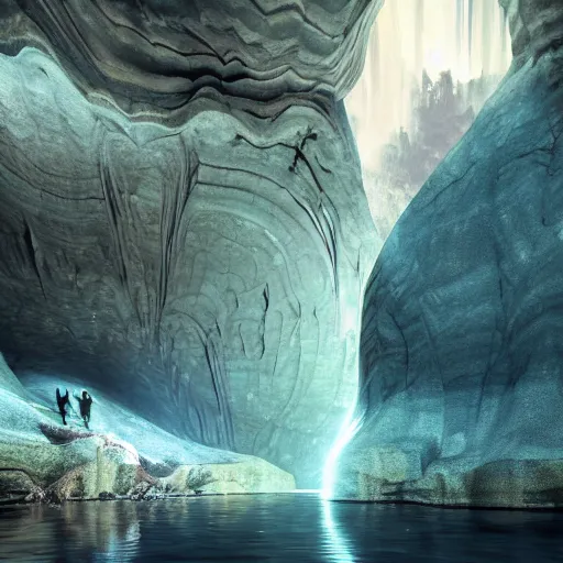 Prompt: travellers,beyond time ,the cathedrals in a underground vast cave canyon grotto, of life the beginning , geological strata,ground mist, falling water,deep clear pools of water,reflection,refraction, hyper-maximalist,micro details, 3d sculpture,,digital rendering,octane render , 4k, artstation, concept art ,amazing lighting, f42,deep depth of field,photographic, wide angle,cinematic lighting