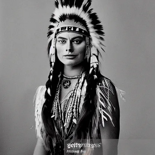 Image similar to margot robbie as a native american in the 1 8 0 0 s, photograph