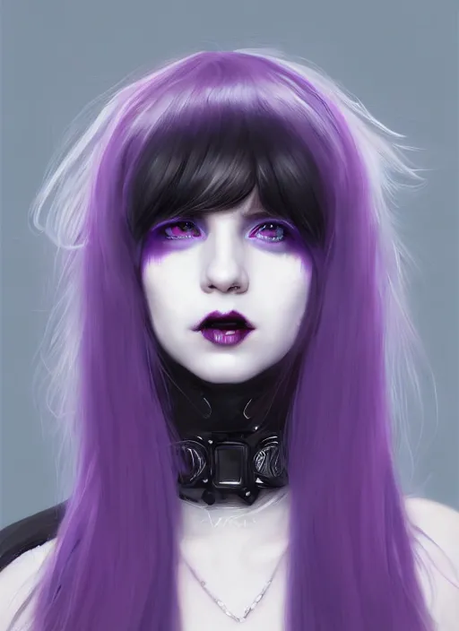 Image similar to portrait of white teenage girl, normal face, white bangs, mall goth, cyberlox, black and white hair, bangs, fluffy bangs, red contact lenses, purple lipstick, intricate, elegant, highly detailed, digital painting, artstation, concept art, sharp focus, smooth, illustration, art by wlop, mars ravelo and greg rutkowski