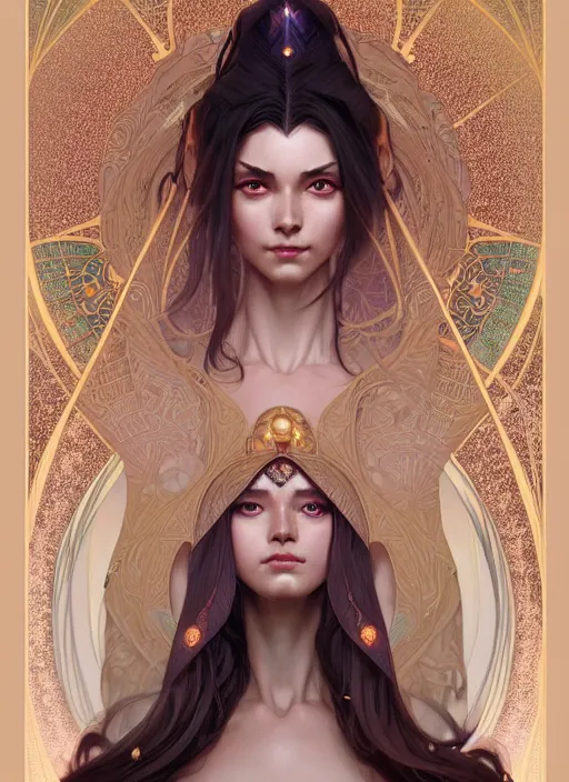 Image similar to symmetry!! portrait of a female sorcerer, dar fantasy, intricate, elegant, highly detailed, my rendition, digital painting, artstation, concept art, smooth, sharp focus, illustration, art by artgerm and greg rutkowski and alphonse mucha and huang guangjian and gil elvgren and sachin teng