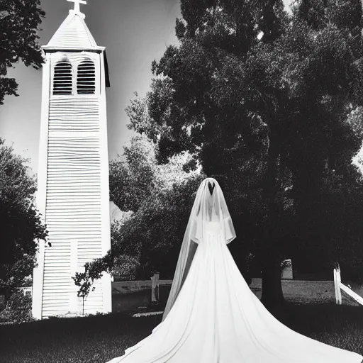 Image similar to picture of ghostly bride in front of an old wooden white church, 1 9 th century southern gothic scene, taken by calatrava, santiago