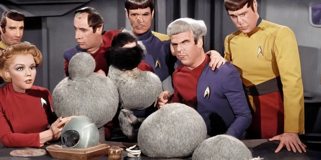 Prompt: a scene from Trouble with Tribbles, an episode of the original Star Trek series