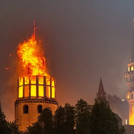 Image similar to photo of burning tower of Kremlin, highly detailed, 8k