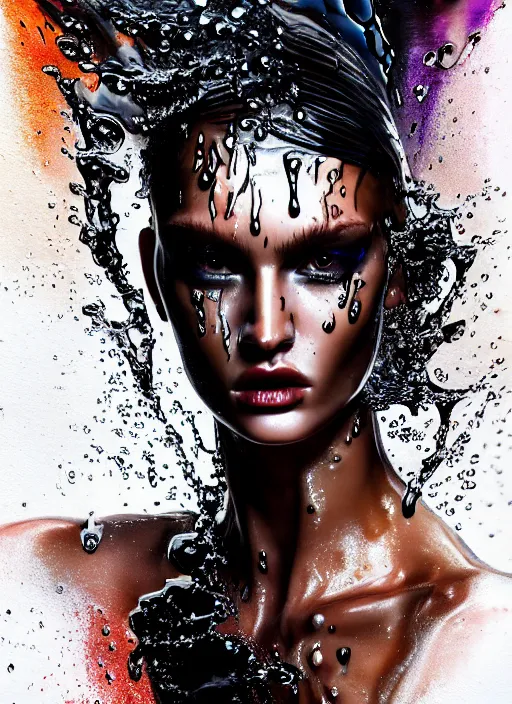Prompt: fierce wet fashion model, splash, sweat skin, liquid metal, effervescent, black roses, poster art, high detail, intricate oil painting and washed watercolor, deep mood, hyperrealism, 3 d, in the style of irakli nadar,