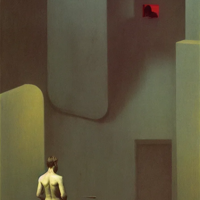 Image similar to an artist painting a self-portrait, science fiction, Edward Hopper and James Gilleard, Zdzislaw Beksinski, highly detailed